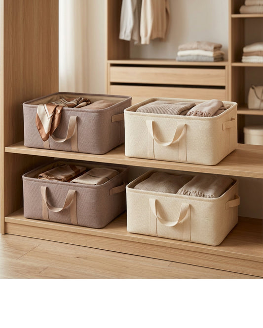 Ziloa Low Foldable Fabric Storage Basket Pair 40 x 30 x 18 cm Clay and Cream - Lifestyle view